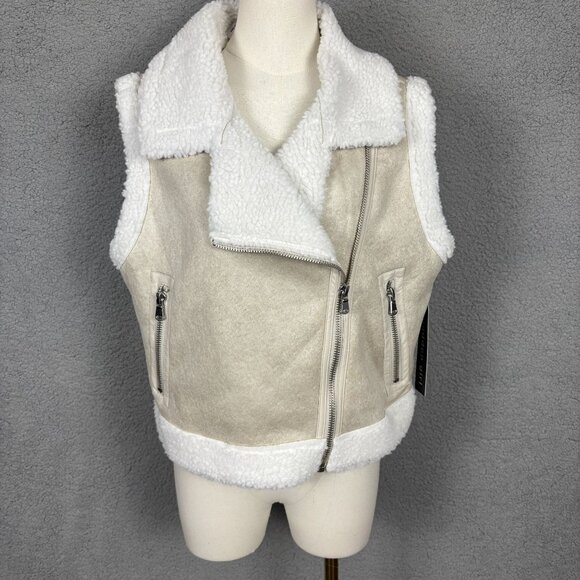 Madden Girl Juniors' Faux-Shearling Moto Vest Zip Pockets Oatmeal Large NWT's. - Picture 1 of 8